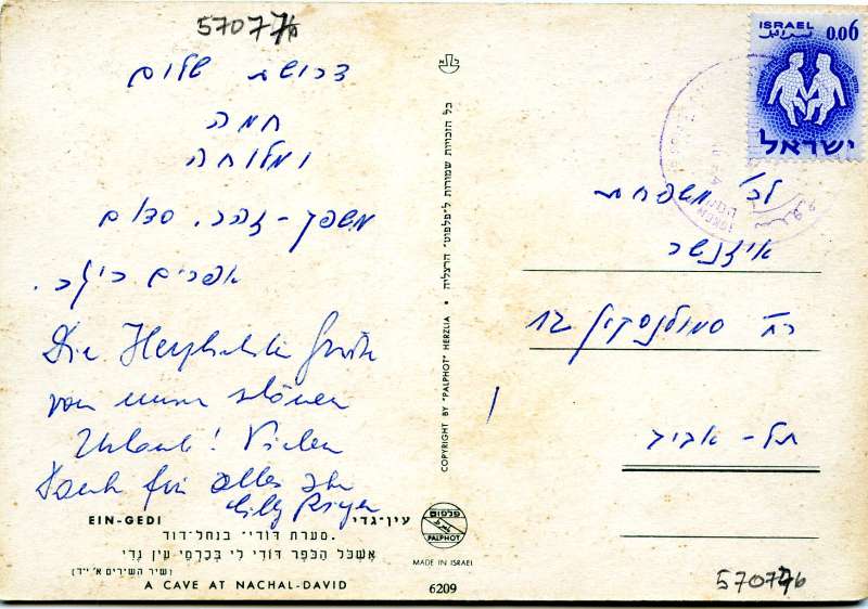 Postcard to Eisenscher family from Efrayim and Lily from Ein-Gedi